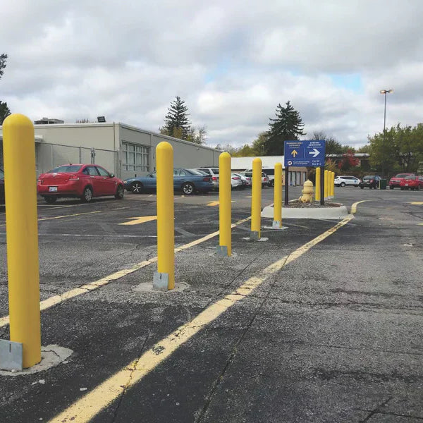 Steel bollard pole installed in parking lot for safety bollard protection 