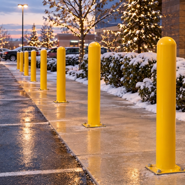 Yellow base plate bollards lining a snow-covered commercial parking lot entrance during the holiday season. 