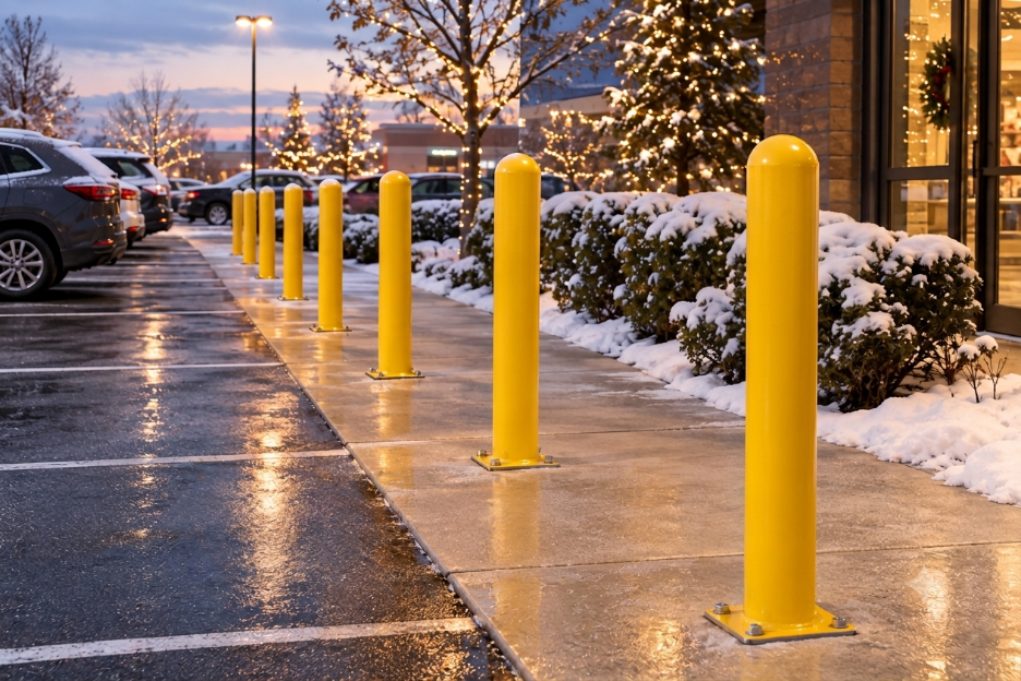 Yellow base plate bollards lining a snow-covered commercial parking lot entrance during the holiday season. 
