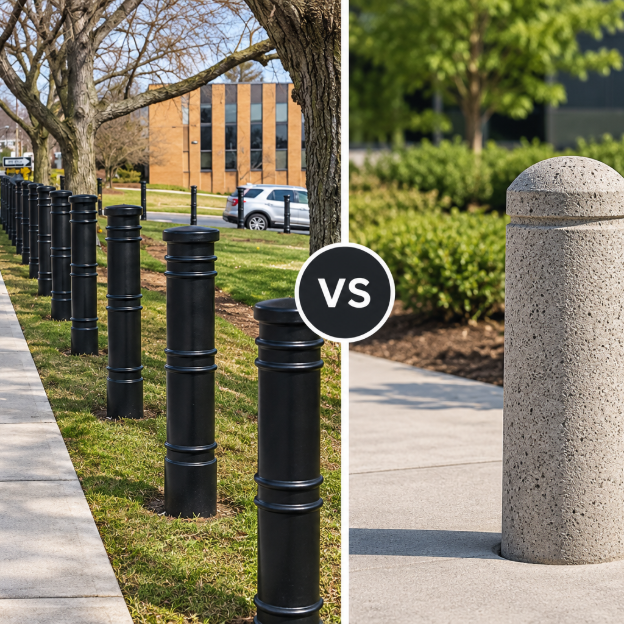 Black steel bollards along a pedestrian walkway versus a concrete bollard outside a commercial building comparison image.