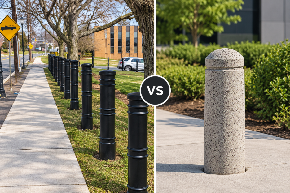 Black steel bollards along a pedestrian walkway versus a concrete bollard outside a commercial building comparison image.
