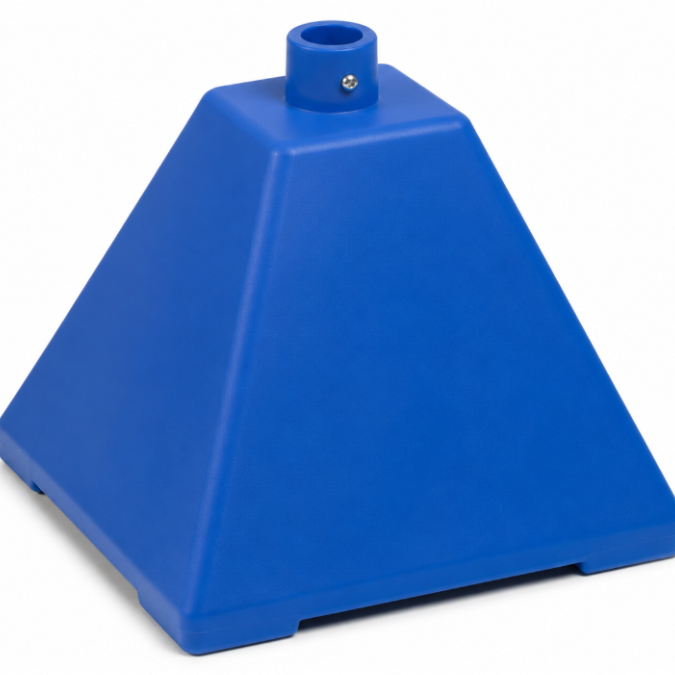Blue plastic pyramid sign base with center post mount on a white background
