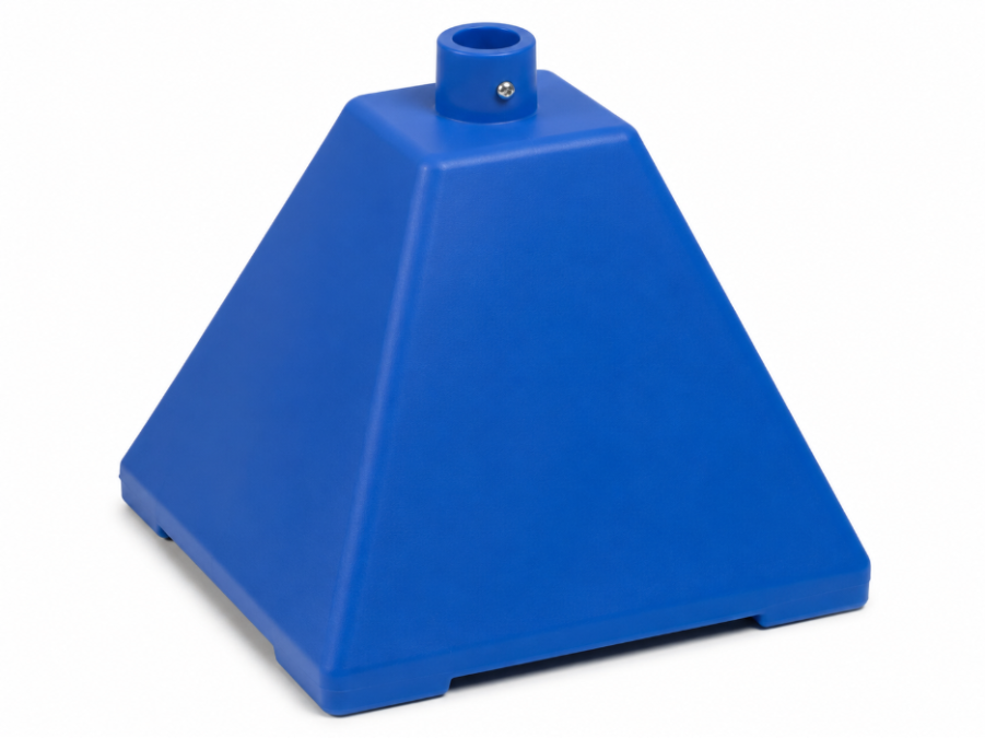 Blue plastic pyramid sign base with center post mount on a white background