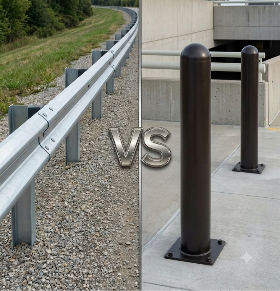 Galvanized W-Beam highway guardrail along a road shoulder versus steel base plate bollards at a commercial parking structure comparison image.