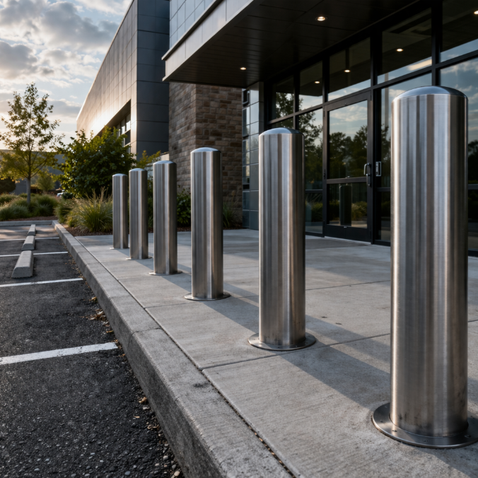 Commercial stainless steel bollards installed outside storefront for safety and security