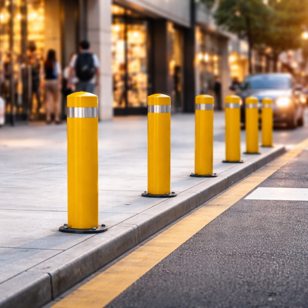 Traffic bollard separating vehicles and pedestrians in busy parking lot for safety 