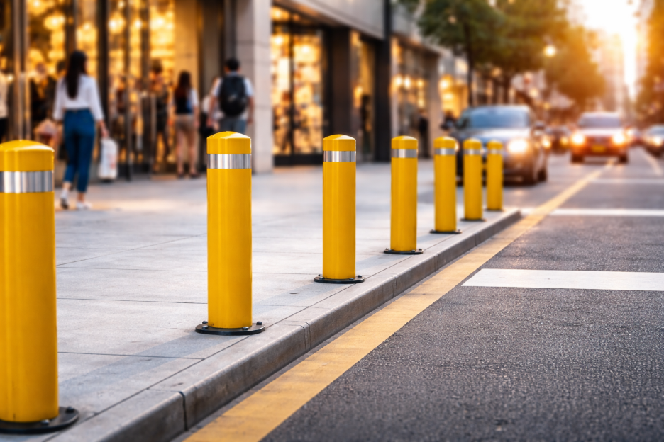 Traffic bollard separating vehicles and pedestrians in busy parking lot for safety 