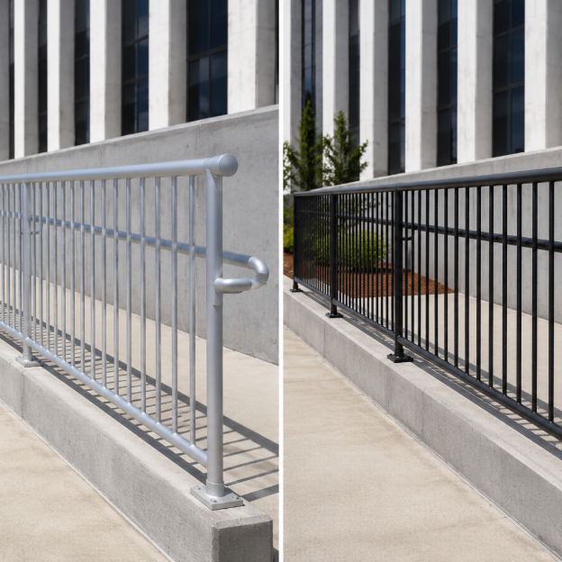 Side-by-side comparison of steel and aluminum handrails on outdoor access ramps.