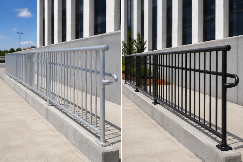 Side-by-side comparison of steel and aluminum handrails on outdoor access ramps.