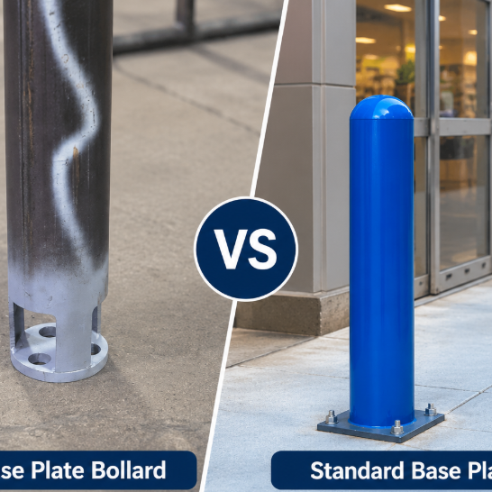 Hidden base plate bollard versus standard base plate bollards comparison image showing concealed and visible mounting hardware at ground level