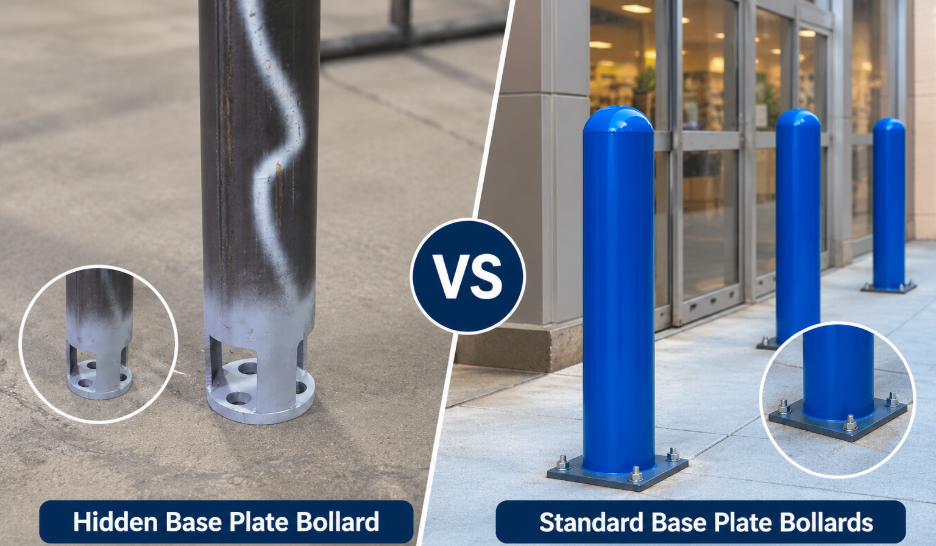Hidden base plate bollard versus standard base plate bollards comparison image showing concealed and visible mounting hardware at ground level