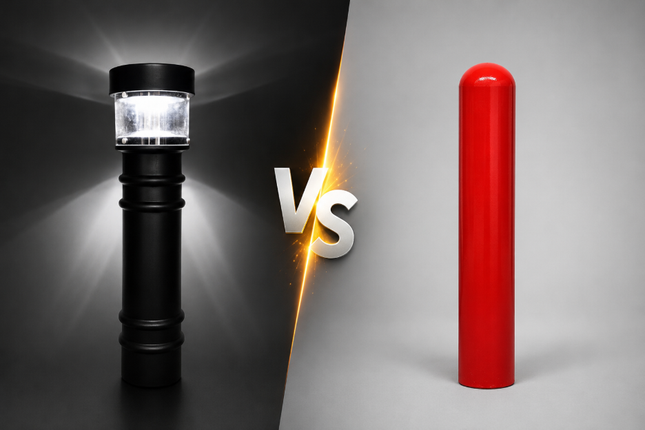 Decorative lighted bollard cover versus standard red dome-top bollard cover comparison image