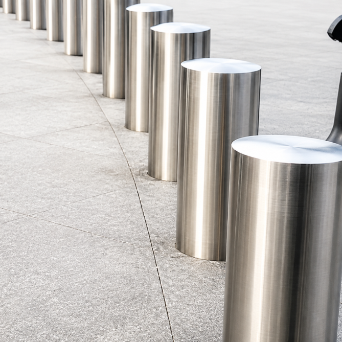 Stainless steel fixed bollards installed along a public pedestrian plaza. 