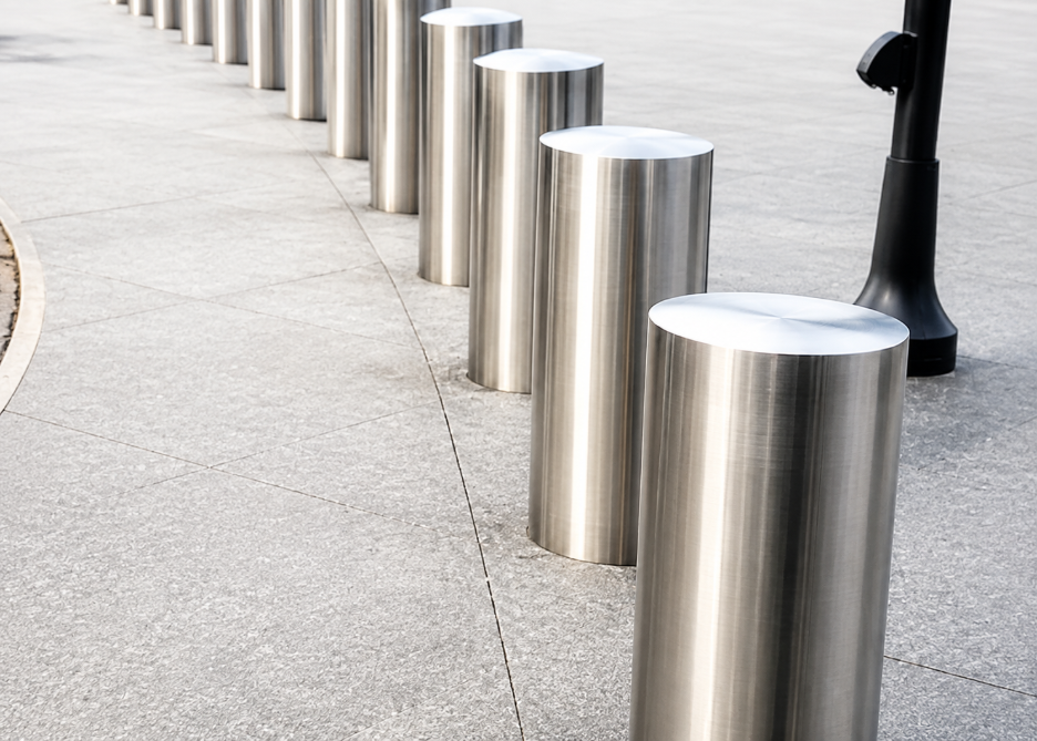 Stainless steel fixed bollards installed along a public pedestrian plaza. 