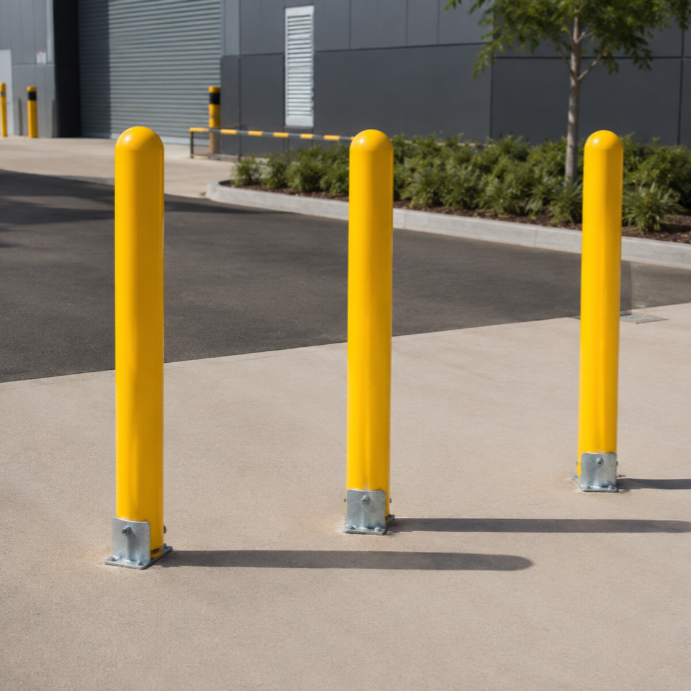 Yellow base plate bollards installed outside a commercial warehouse on concrete.
