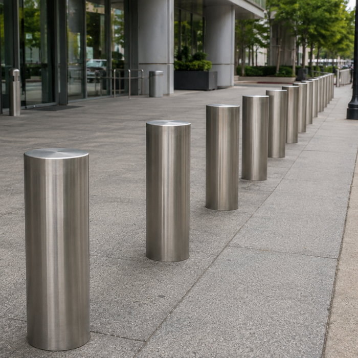  Commercial stainless steel bollards installed outside storefront for safety and security