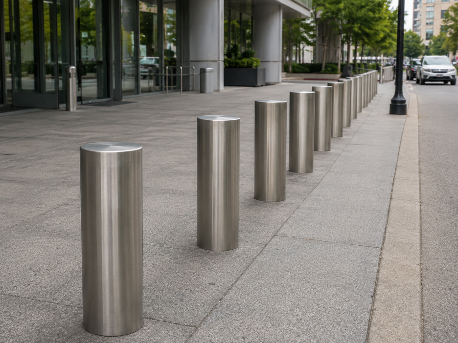  Commercial stainless steel bollards installed outside storefront for safety and security