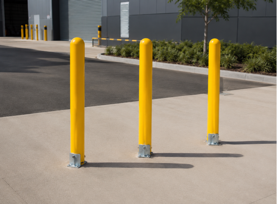Yellow base plate bollards installed outside a commercial warehouse on concrete.