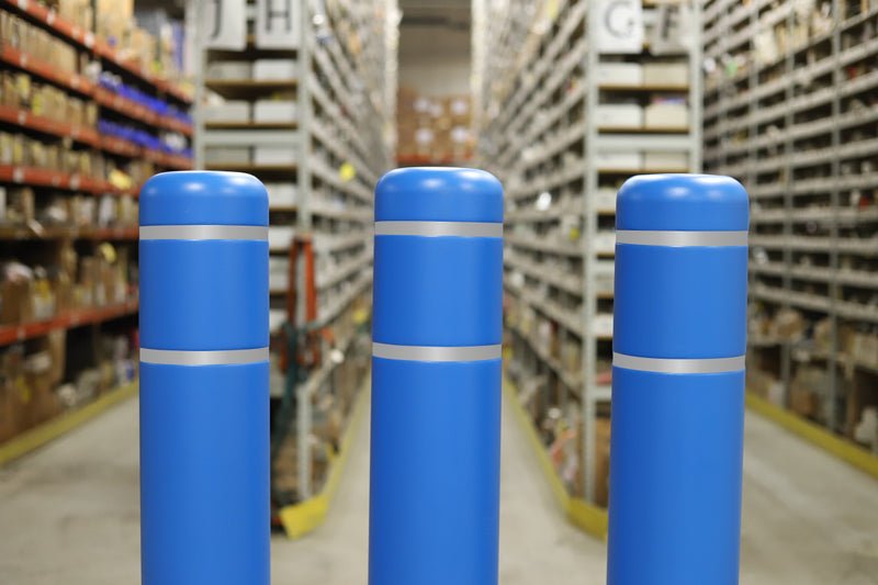 Flat Top Bollard Covers in Accessible Blue with white/silver reflective tape