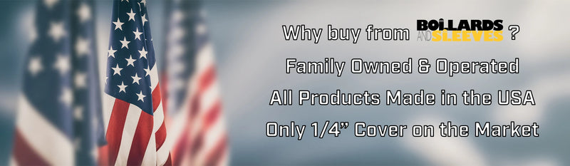 Promotional banner with American flags and text about Bollards by Miller, emphasizing family ownership, USA manufacturing, and product features.