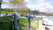 Line of EV Charging Stations in a parking lot 