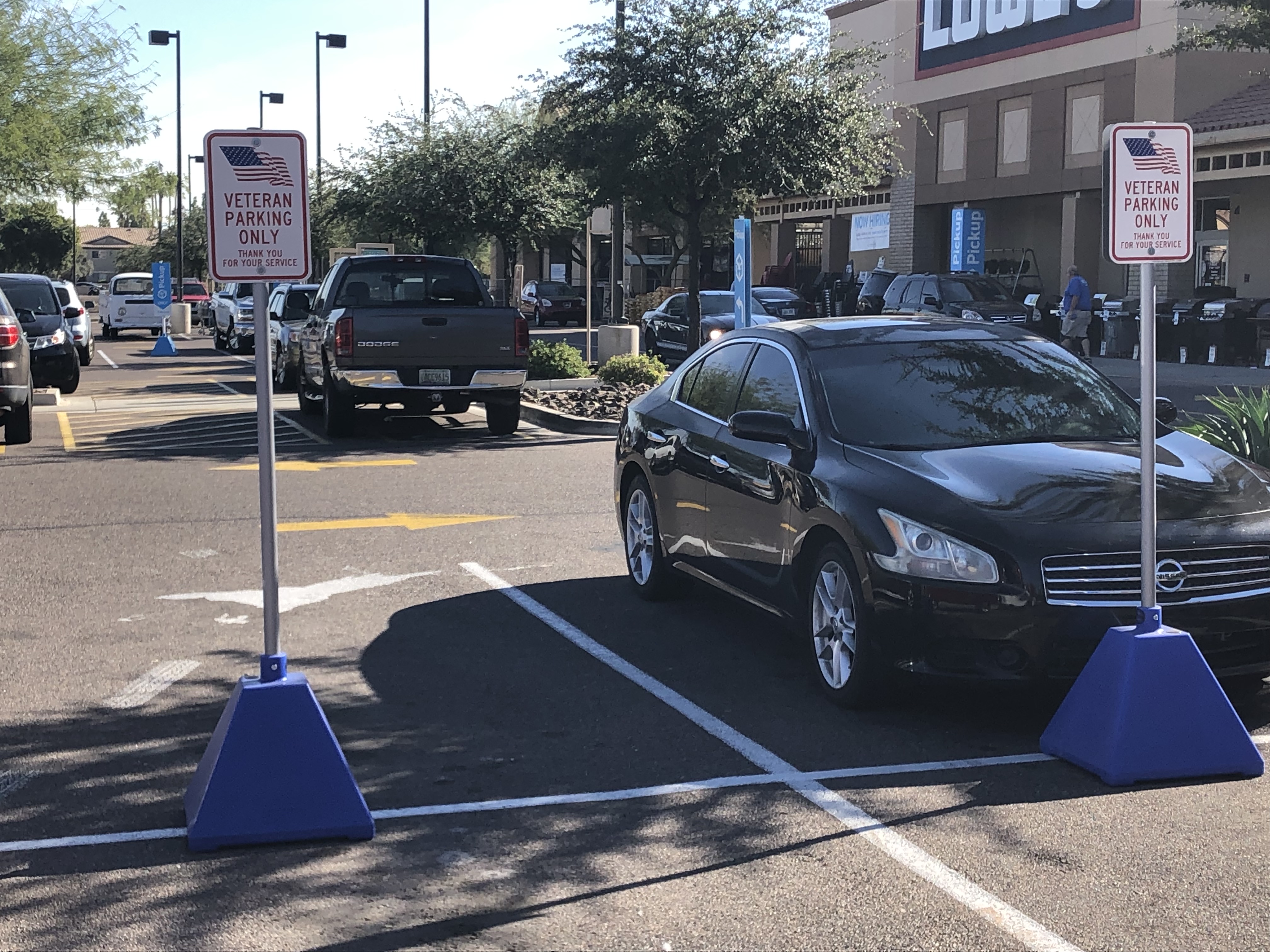 Blue Pyramid Sign Bases for Veteran Parking at Lowe's